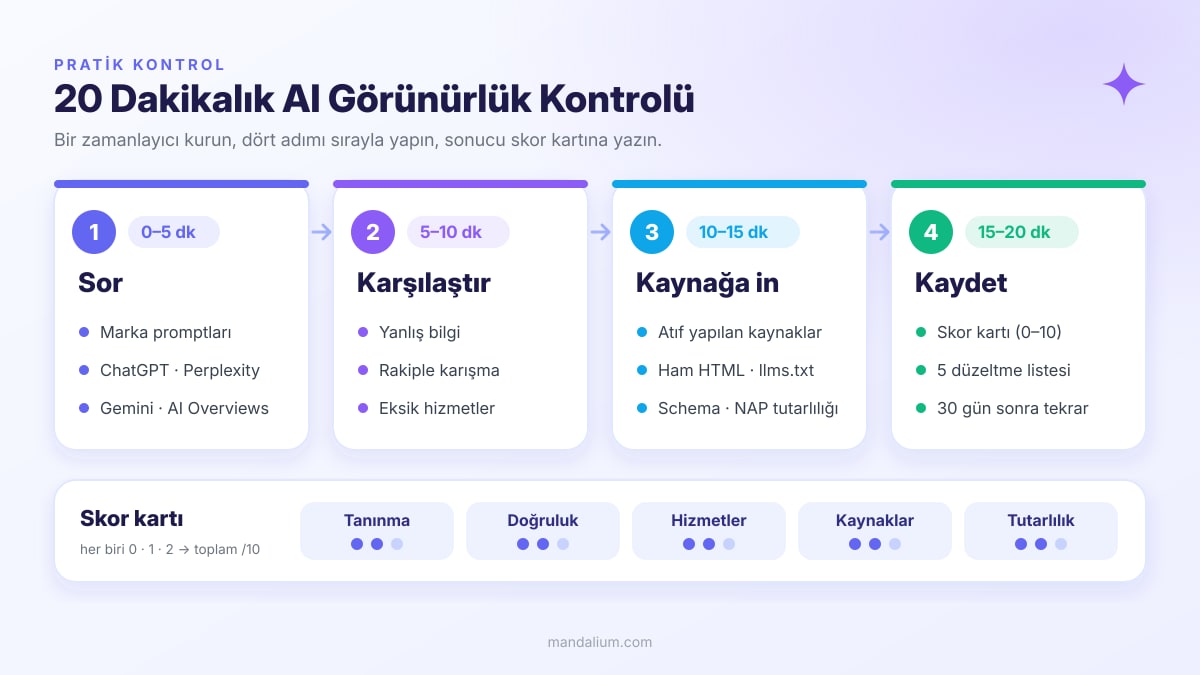 20 dakikalık AI görünürlük kontrolü zaman çizelgesi: 0–5 dk sor, 5–10 dk karşılaştır, 10–15 dk kaynağa in, 15–20 dk kaydet; altında tanınma, doğruluk, hizmetler, kaynaklar ve tutarlılık skor kartı