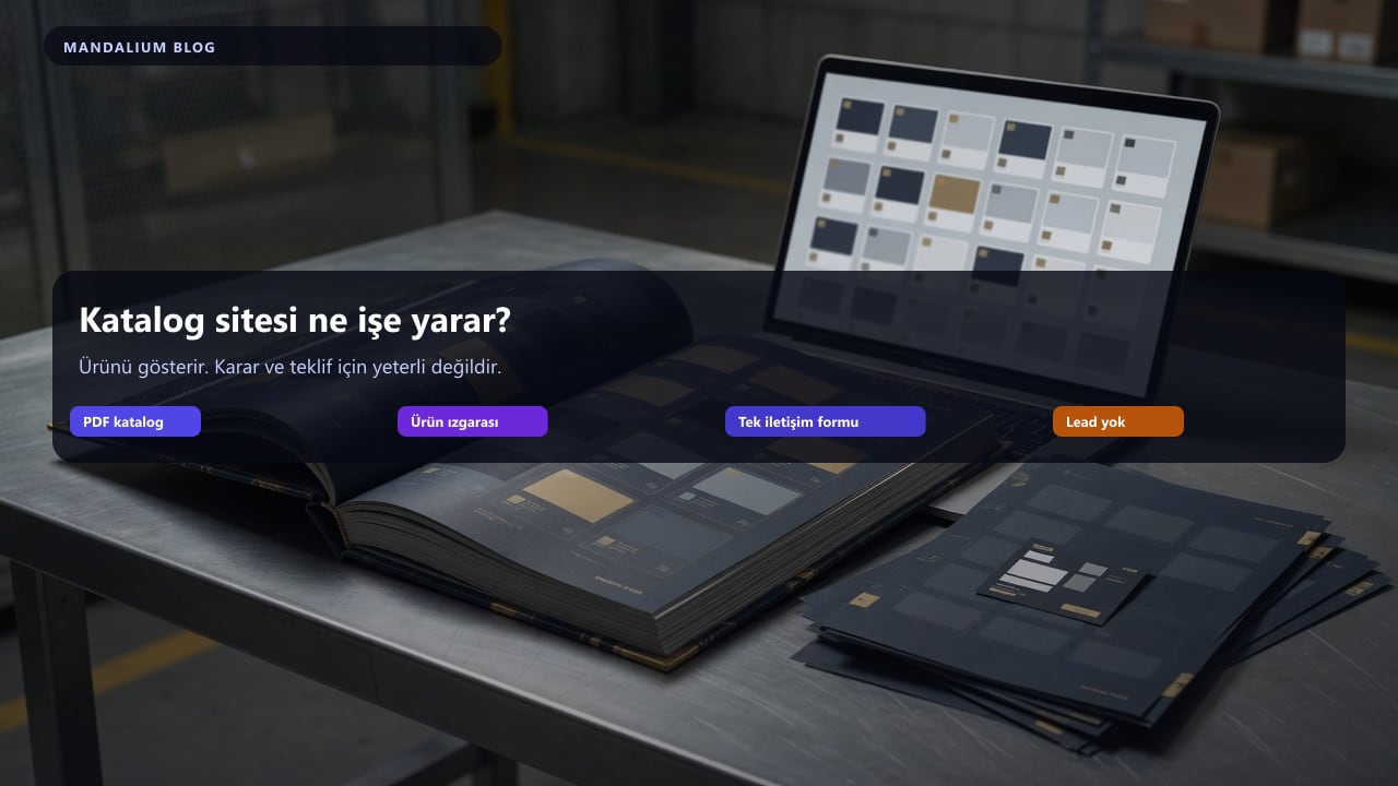 Açık ürün kataloğu, ürün ızgaralı laptop ve PDF yığınlarıyla katalog sitesinin vitrin mantığını gösteren sahne