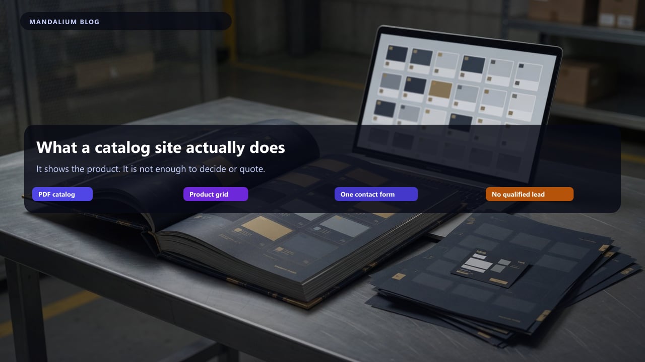 Open product catalog, a laptop product grid, and stacked PDFs illustrating a catalog-site storefront