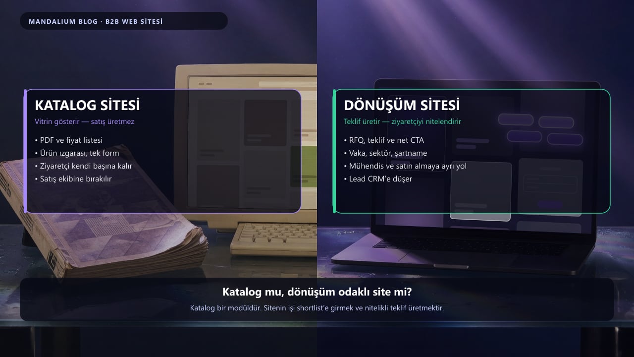 Katalog sitesi ile dönüşüm odaklı B2B sitesinin yan yana karşılaştırıldığı infografik: PDF ve ürün ızgarasına karşı RFQ, CTA ve nitelikli lead