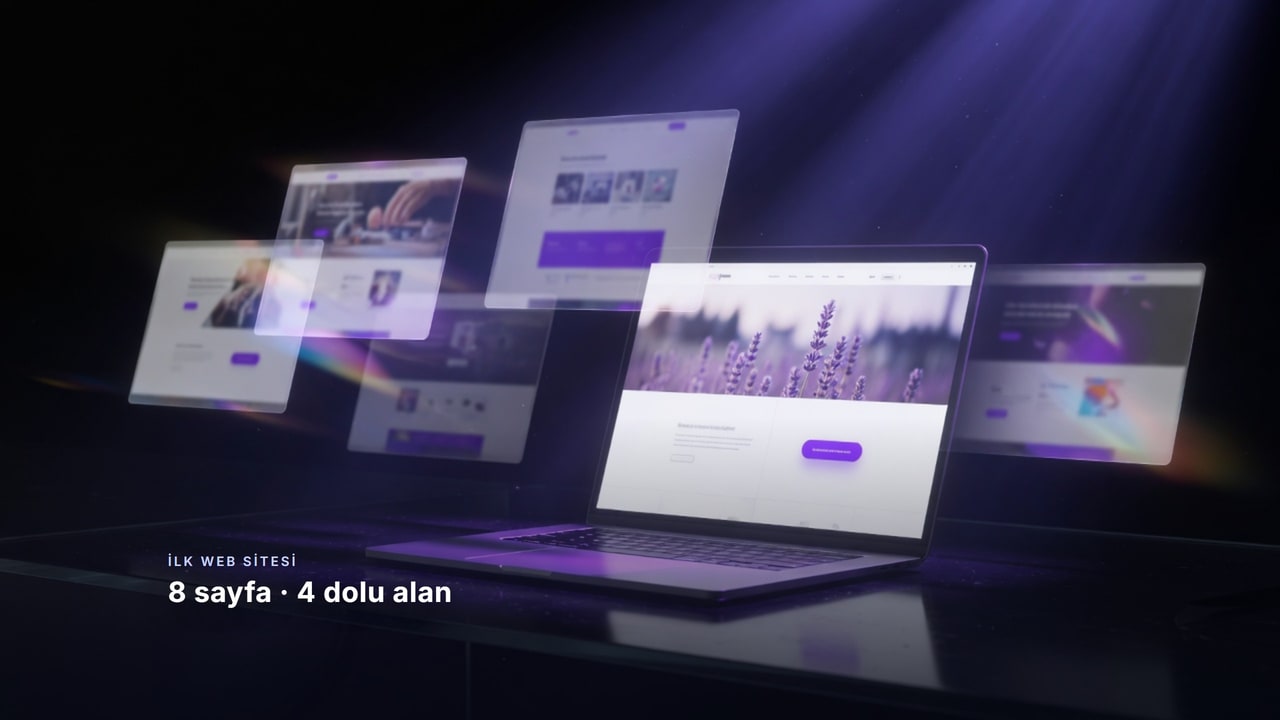 Karanlık stüdyoda açık laptop ve etrafında yüzen web sayfası panelleri: ilk web sitesinin 8 sayfası