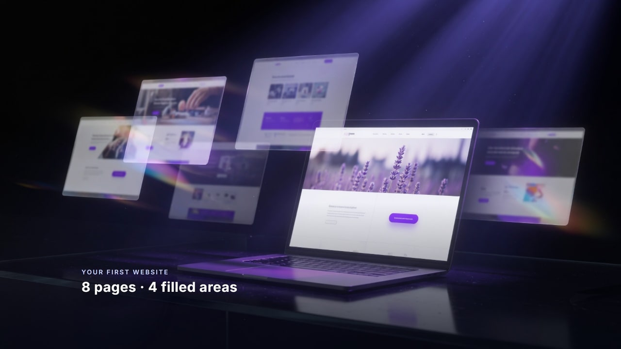 An open laptop in a dark studio with glowing webpage panels floating around it: the eight pages of a first website