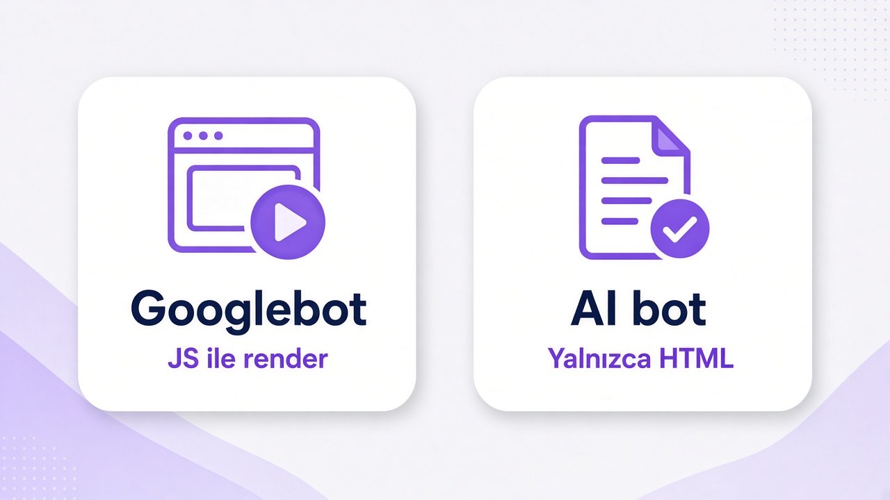 Googlebot render eder; birçok AI bot yalnızca ham HTML okur — aynı URL, farklı görünürlük