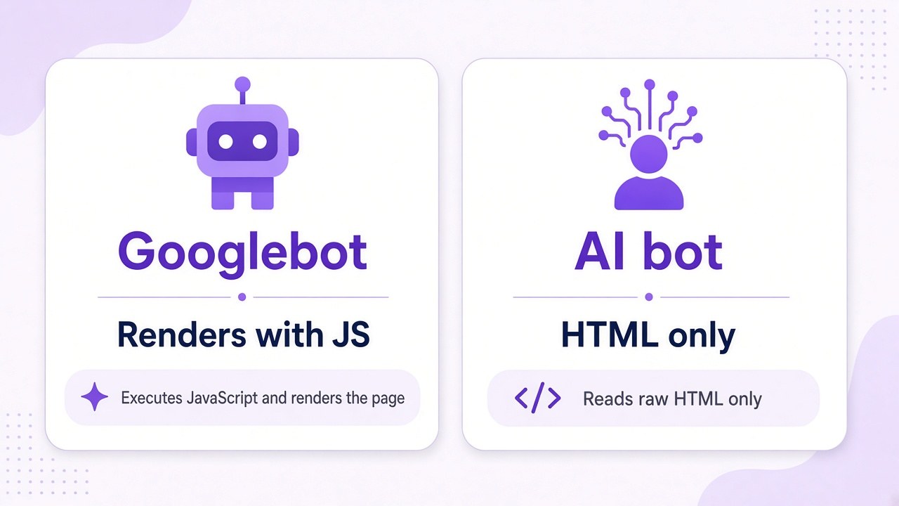 Googlebot renders with JS; AI bots read HTML only — same URL, different visibility