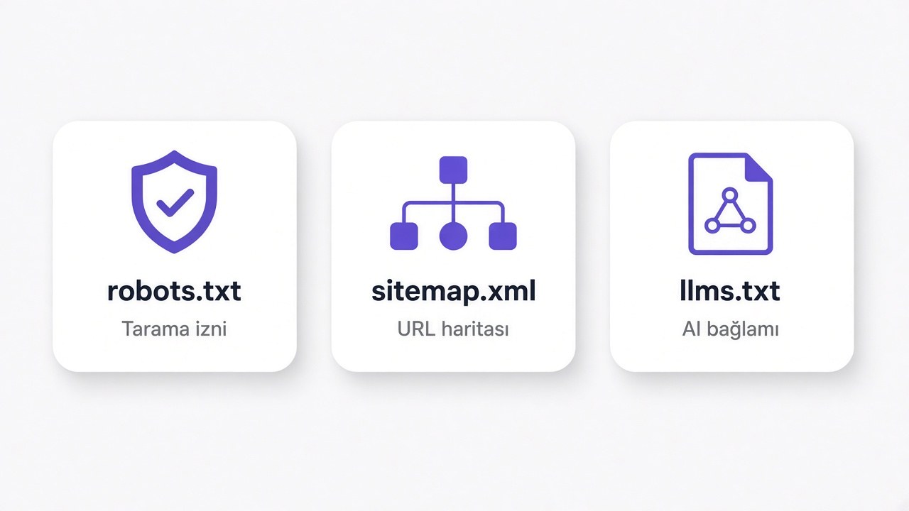 Three labeled cards: robots.txt crawl permission, sitemap.xml URL map, llms.txt AI context
