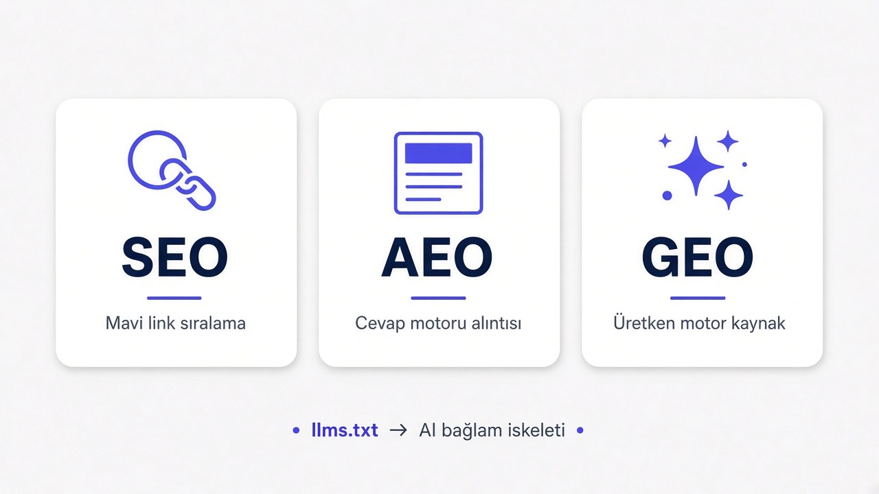 Three layers SEO, AEO, and GEO: blue-link ranking, answer-engine citation, generative-engine source; footer notes llms.txt as AI context skeleton