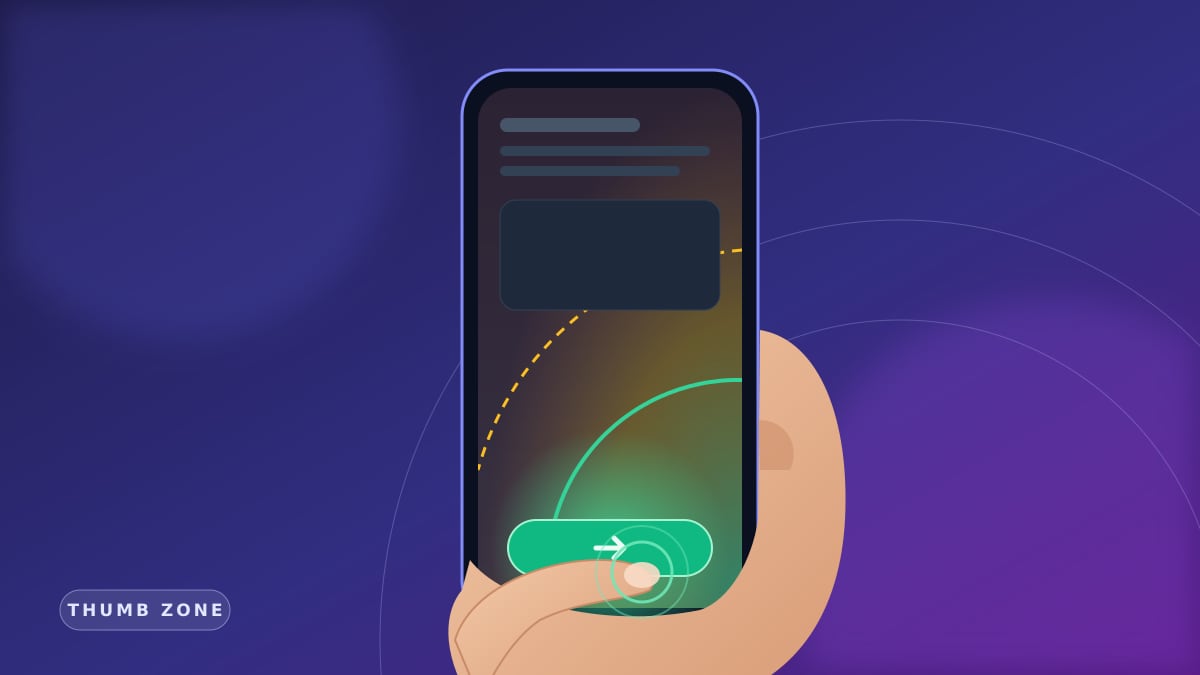 Başparmak testi kapak: telefonu tutan el, vurgulanan başparmak bölgesi yayı ve parlayan CTA butonu