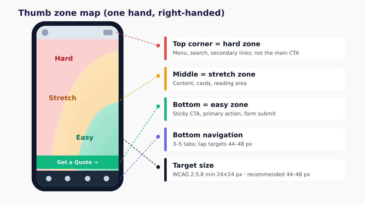 Thumb zone map: top corner hard, middle stretch, bottom easy zone; notes on sticky CTA, bottom navigation, and WCAG 2.5.8 target size