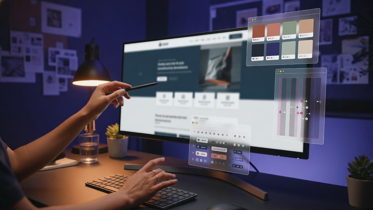 Mevcut bir web sitesinin renk, aralık ve bileşenlerle yenilendiği tasarım çalışma masası