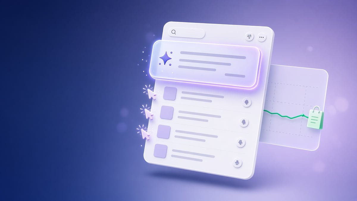 Zero-click search cover: a search results page with a glowing AI answer panel on top, click cursors fading away, and a steady green sales line with a shopping bag behind it